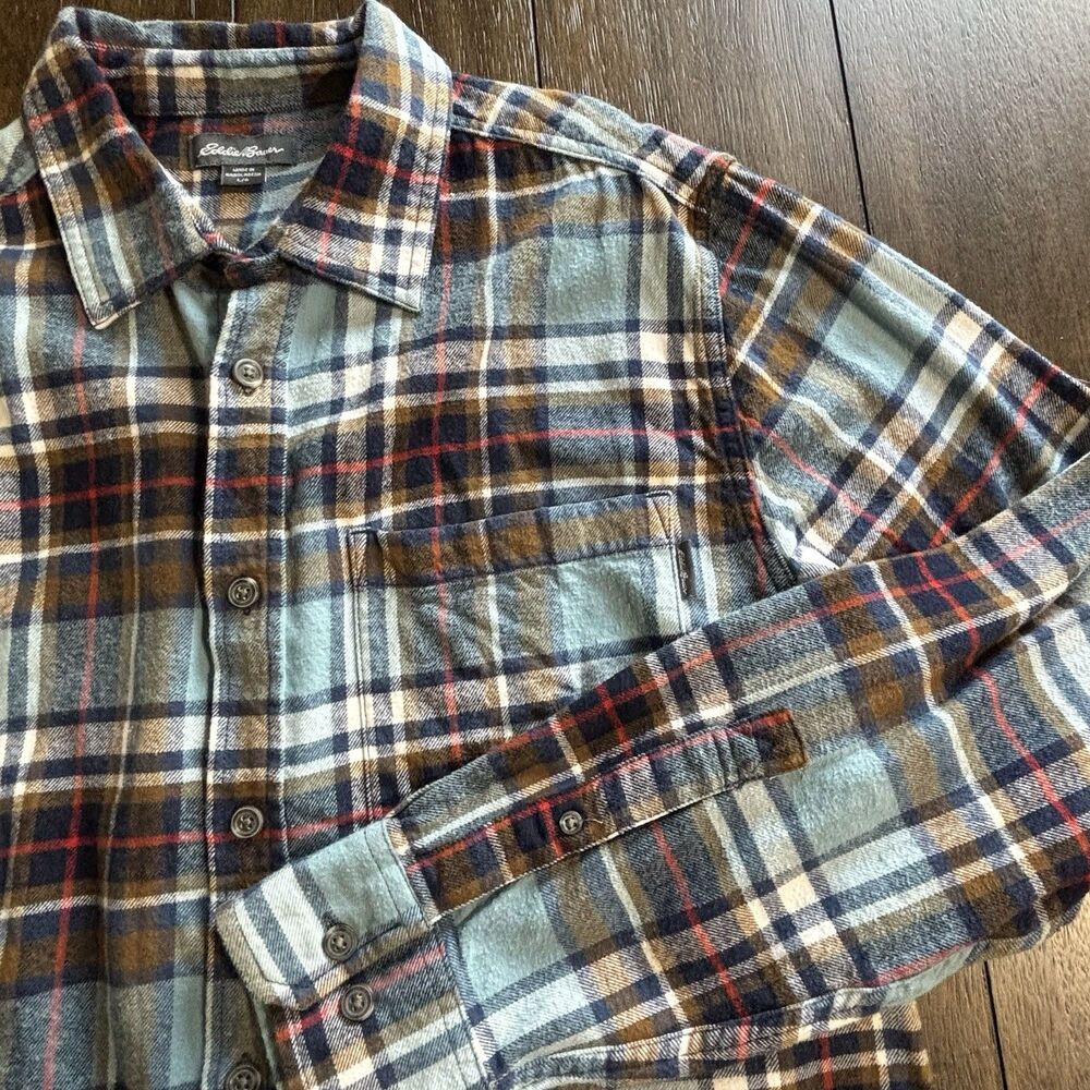 Eddie Bauer Shirt Mens L Classic Fit Plaid Flannel Long Sleeve Button Up Blue